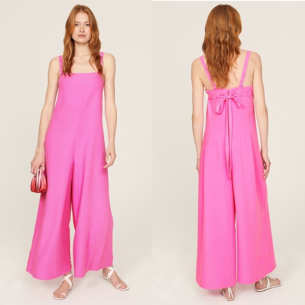 ADAM LIPPES‎ Pink Square Neck Sleeveless Tie Back Wide Leg Overalls Jumpsuit 10